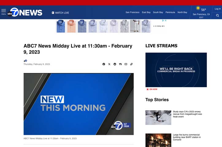 Interview with ABC 7 News San Francisco (starts 5’28’’) by MSR Communications LLC.