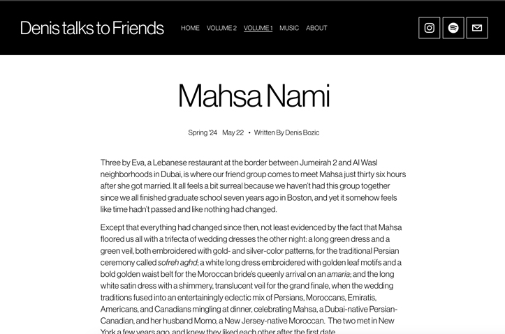 Denis talks to Friends: A Multimedia Long-Form Profile of Mahsa Nami by Denis talks to Friends, Online Magazine