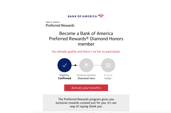Diamond Honors Preferred Rewards Enrollment Email by Bank of America