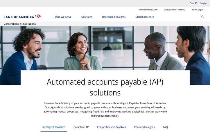 Intelligent Payables landing Page by Bank of America