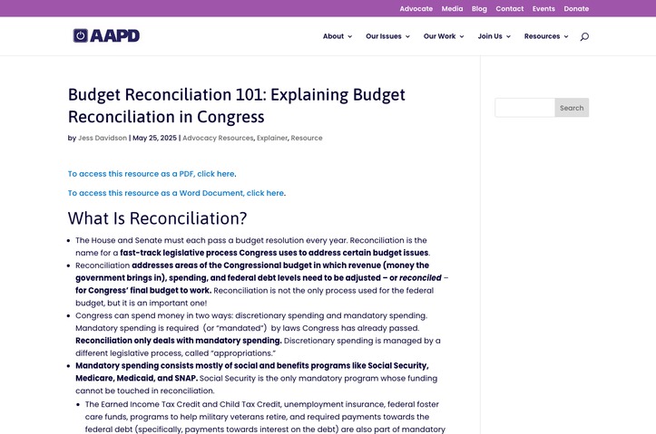 Budget Reconciliation 101: Explaining Budget Reconciliation to Disabled Americans Losing Medicaid Through the Reconciliation Process by American Association of People with Disabilities (AAPD)