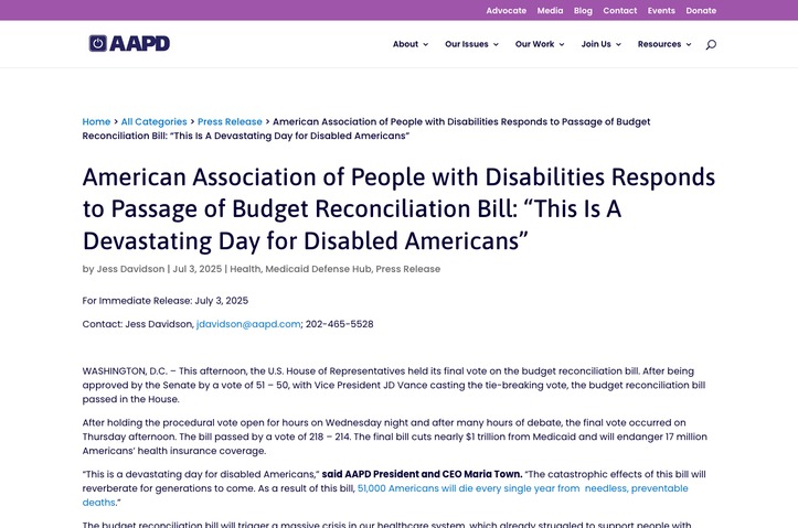 American Association of People with Disabilities Responds to Passage of Budget Reconciliation Bill: “This Is A Devastating Day for Disabled Americans” by American Association of People with Disabilities (AAPD)