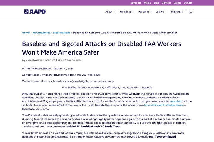 Defending Disabled FAA Workers And Centering Truth After Tragic Plane Crash by American Association of People with Disabilities (AAPD)