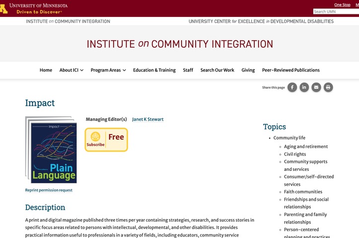 Impact magazine by Institute on Community Integration, University of Minnesota